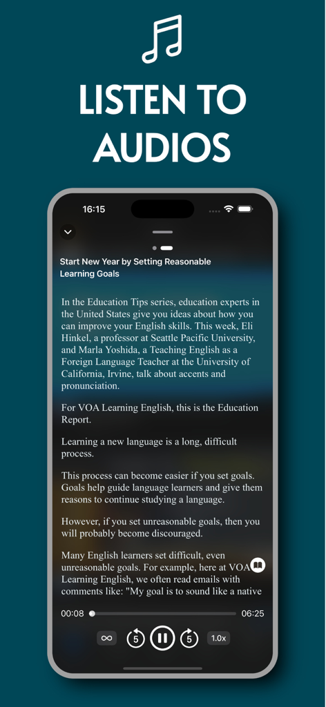 VOA Special English Listening - Interface of VOA Special English app showing an audio lesson with a read along transcript.