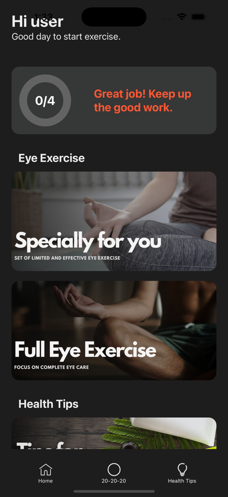 EyeX - Eye Care, Eye Exercises - The EyeX app home screen showing personalized eye exercises and a daily progress dashboard