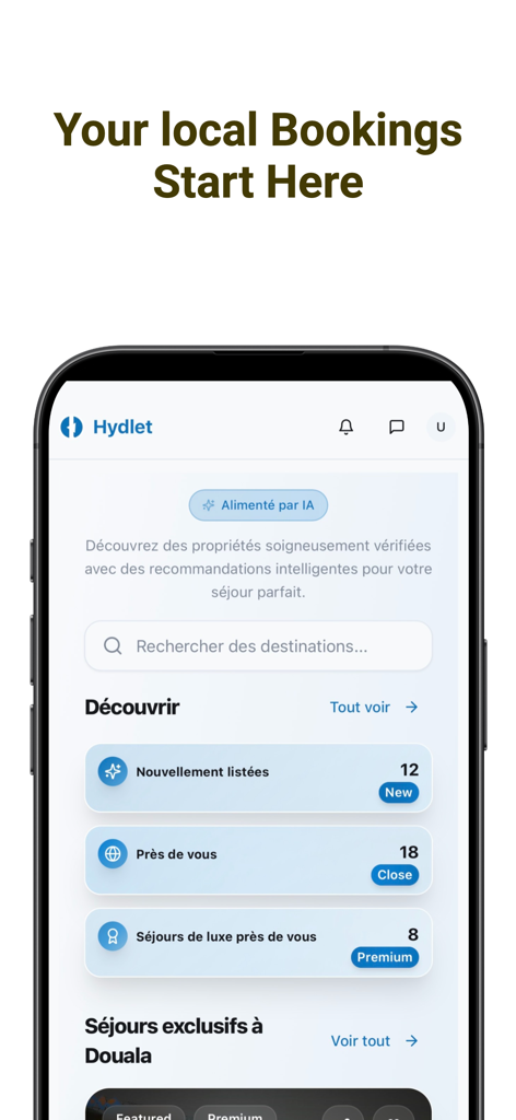 Hydlet - Interfaz de la aplicación móvil Hydlet que muestra el descubrimiento de viajes y recomendaciones de IA para propiedades verificadas