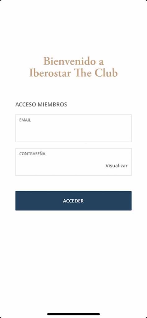 Iberostar The Club - Login screen for the Iberostar The Club mobile app showing member access with email and password input fields.