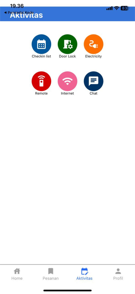 cozzy.id - Activities screen of the Cozzy.id app showing hotel features like check-in list door lock and internet access.