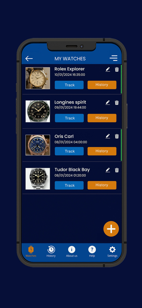 Watch Accuracy Checker - Der Bildschirm 'Meine Uhren' zeigt eine Liste von Luxusuhren mit Optionen zur Verfolgung und Ansicht der Historie