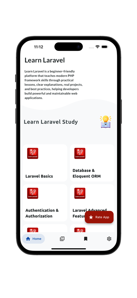 Learn Laravel - PHP - Der Startbildschirm der Learn Laravel PHP-App mit Kursmodulen für Laravel-Grundlagen und der Eloquent ORM-Datenbank.