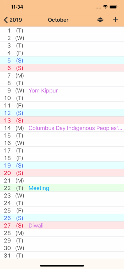 Vertical scrolling monthly calendar view showing a list of dates and color coded events