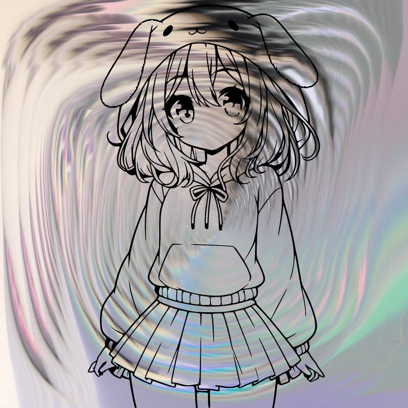 pretty anime girl wearing a fluffy hoodie with bunny ears on the hood and a skirt