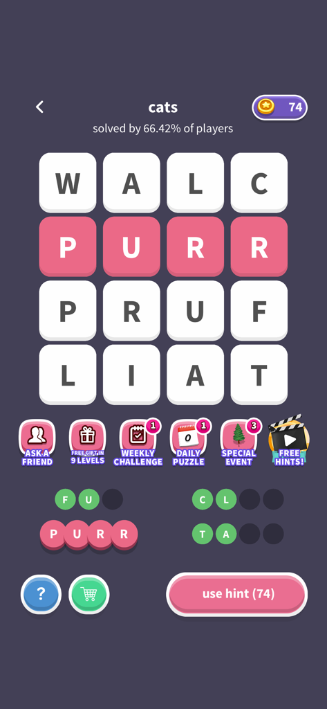 A cats themed word search puzzle grid in the WordWhizzle Search mobile game.