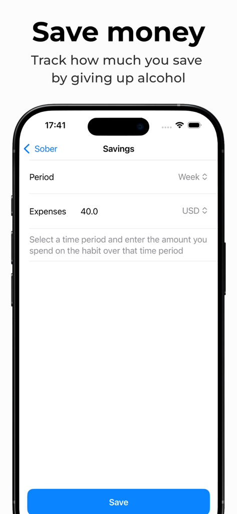 Sober - Try Dry February - Sober app savings tracker screen showing weekly expenses for quitting alcohol