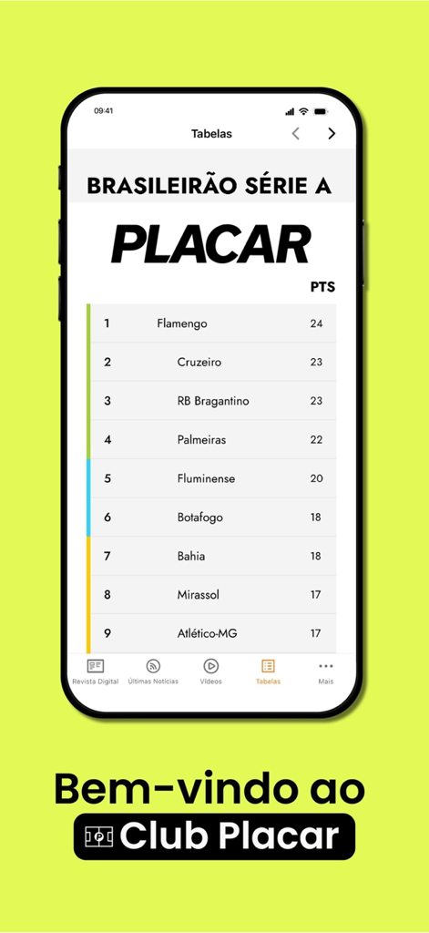 Revista Placar Digital - Un smartphone que muestra la clasificación de la Serie A del Brasileirão en la interfaz de la app Revista Placar Digital.
