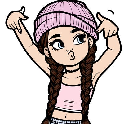 realistic teenage girl with braids and a beanie and crop top doing 🫶🏼