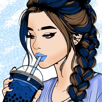 realistic girl drinking boba tea with braided hair