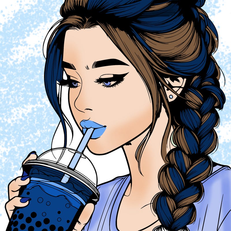 realistic girl drinking boba tea with braided hair