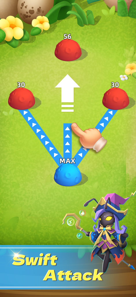 Ant Fight - Ant defense games - Ant Fight gameplay screen showing a swift attack from a blue base to red enemy nests
