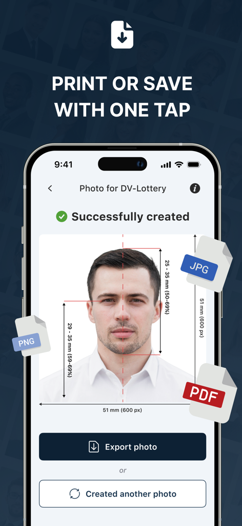 Passport Photo Maker－ID, Visa - Interface of the Passport Photo Maker app showing a successfully created ID photo for DV-Lottery with options to export as PNG JPG or PDF
