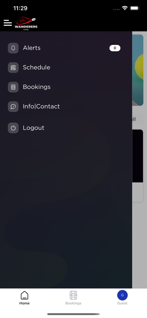 Wanderers Padel - Side navigation menu of the Wanderers Padel app showing alerts schedule and bookings options