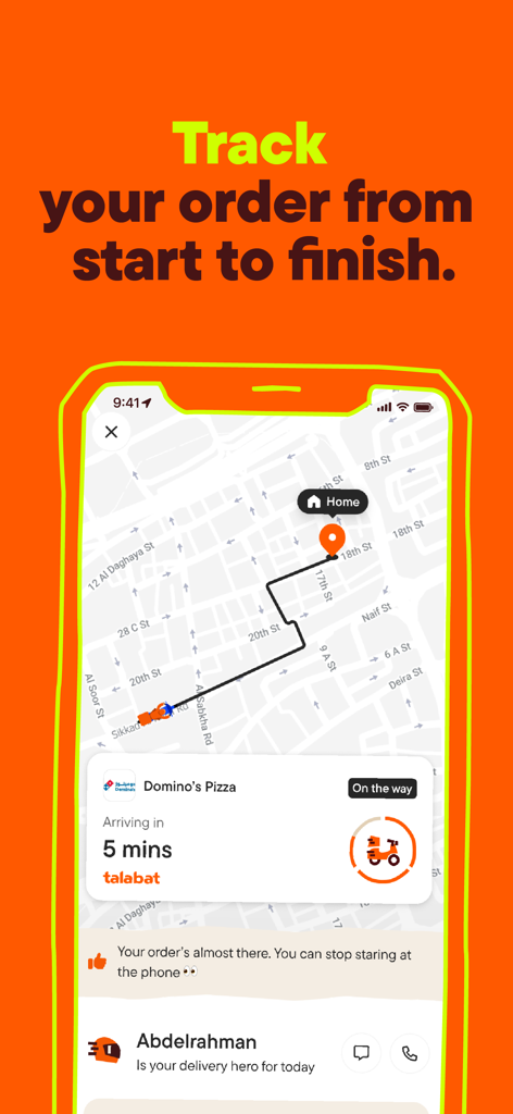 talabat: Food, grocery & more - Talabat app interface showing real time food delivery tracking on a map