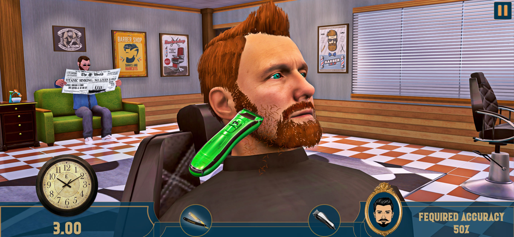 Barber Shop Haircut Master Sim gameplay showing a customer getting a beard trim