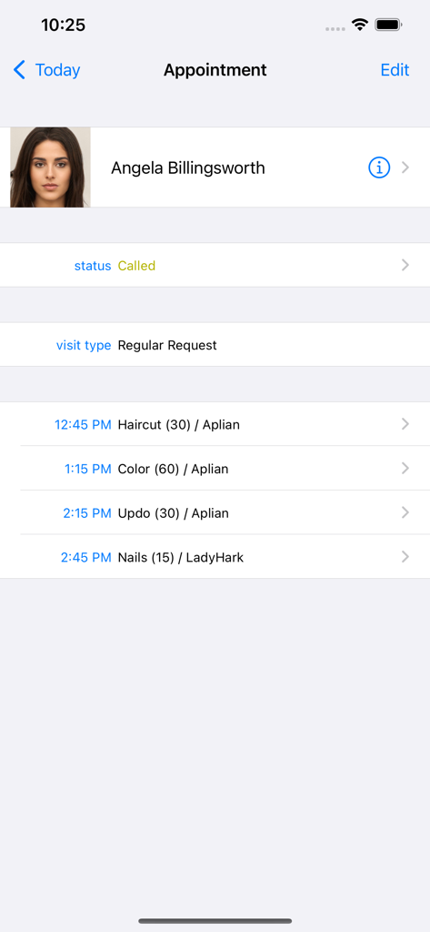 STX app interface showing a client appointment schedule for hair and nail services