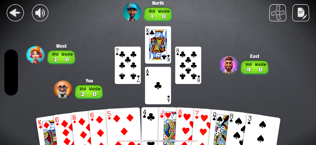 Spades : Offline Card Game - Jugabilidad de Spades: Juego de Cartas sin Conexión mostrando cartas en la mesa y las pujas de los jugadores.