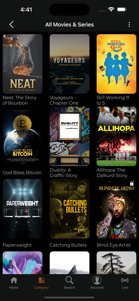 Browse screen of the DOCUMENTARY+ mobile app showing a library of various documentary film posters including Neat and God Bless Bitcoin