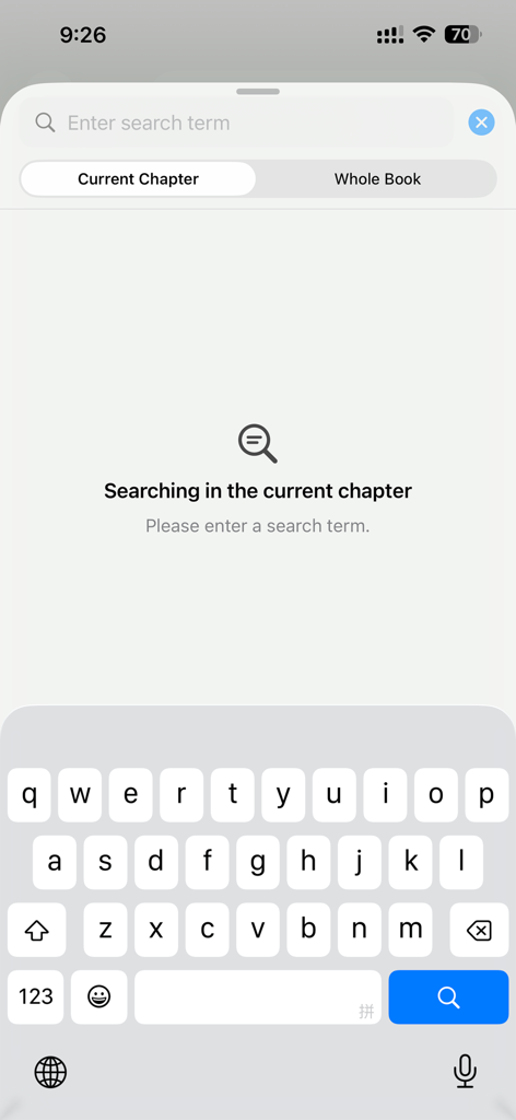 Search screen of the True Epub app showing options to search the current chapter or the entire book.