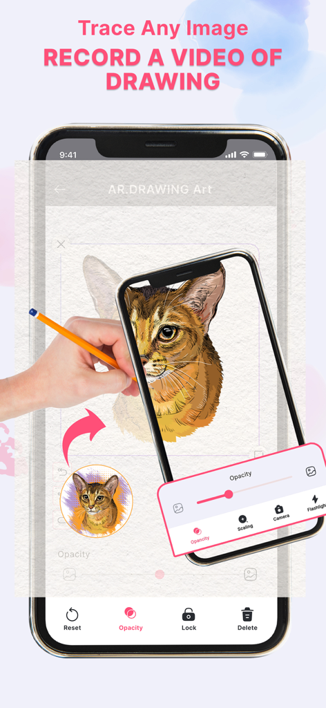 拡張現実を使用して、スマートフォンで猫のスケッチを紙にトレースしている人