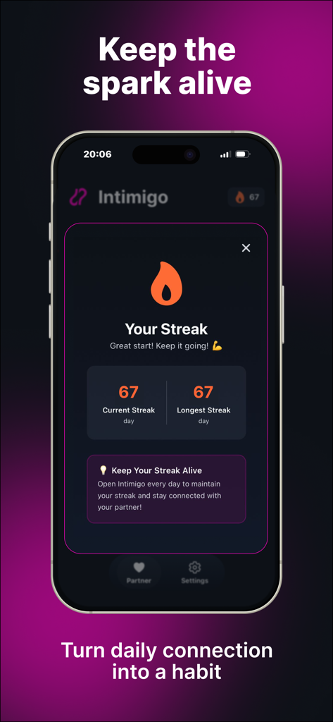 Couple Tracker - Intimigo - Intimigoアプリのスクリーンショット。カップルのつながりの習慣の67日間の連続記録を表示