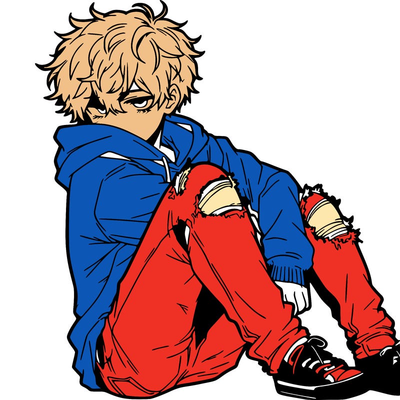 a male hoddie ripped jeans messy hair anime