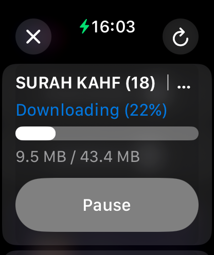 WatchClips - オフライン再生のためにメディアファイルをダウンロード中の Apple Watch 上の WatchClips アプリのダウンロード進捗状況を表示するインターフェース