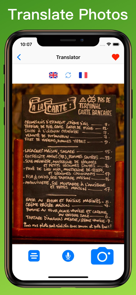 French translator app photo translation feature scanning a restaurant menu