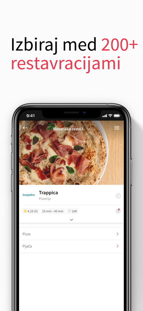 Un smartphone montrant l'interface de l'application ehrana avec une délicieuse pizza d'une pizzeria locale et un titre proposant plus de 200 restaurants.