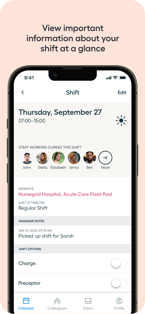 NurseGrid Nurse Shift Calendar - NurseGrid app shift details screen showing staff working during a specific shift