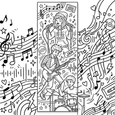 Bring the electrifying energy of a live concert to life with this unique bookmark coloring page featuring talented teenage musicians. Perfect for music enthusiasts, this dynamic design promises hours of creative fun as you personalize their jam session.