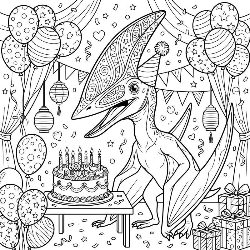 Get ready for a unique birthday celebration with this awesome Thalassodromeus coloring page. This prehistoric party scene is packed with festive details, from balloons and cake to a party-hat-wearing pterosaur.