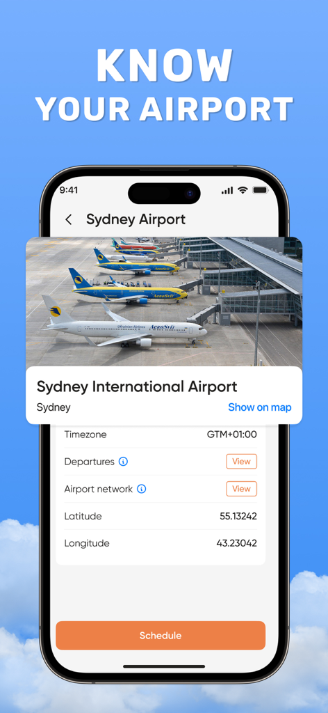 Screenshot of the Flight Tracker app showing detailed information for Sydney International Airport including coordinates and departure schedules.