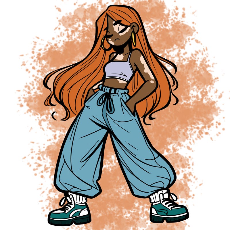 girl in baggy pants crop top and long hair