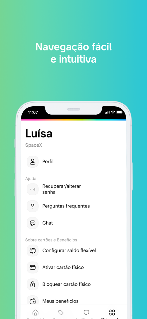 Benutzerprofil und Einstellungsmenü in der mobilen App Swile BR