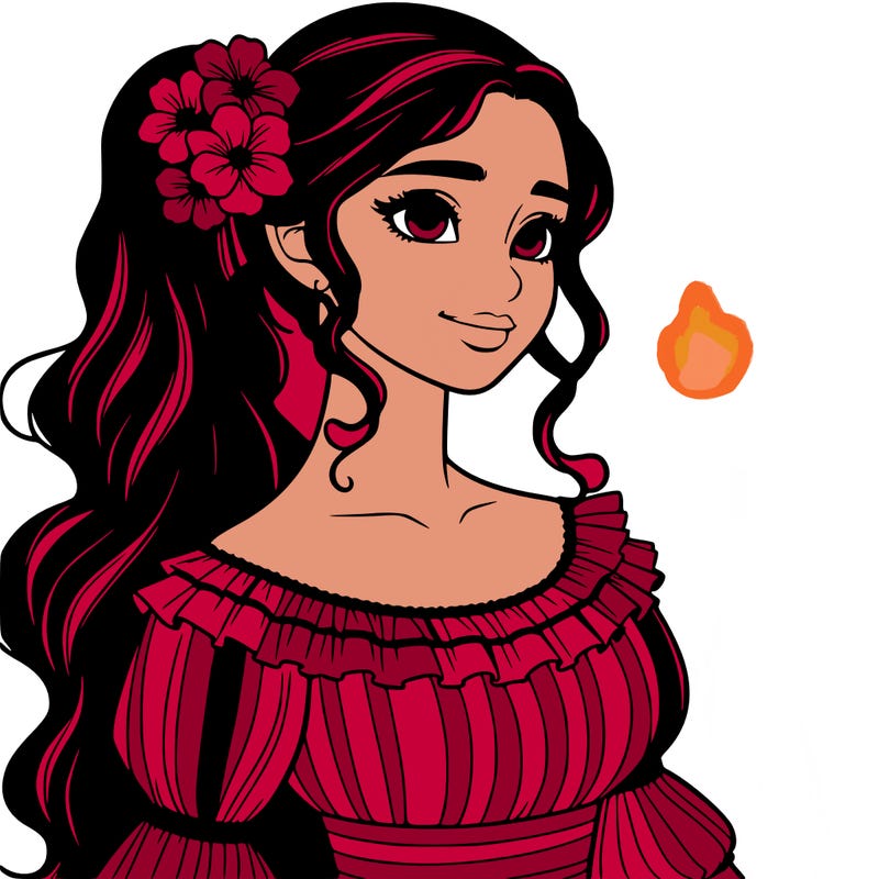 a single latina woman with a side ponytail and a long dress with ruffles. she has a few discreet flowers in her hair. realistic