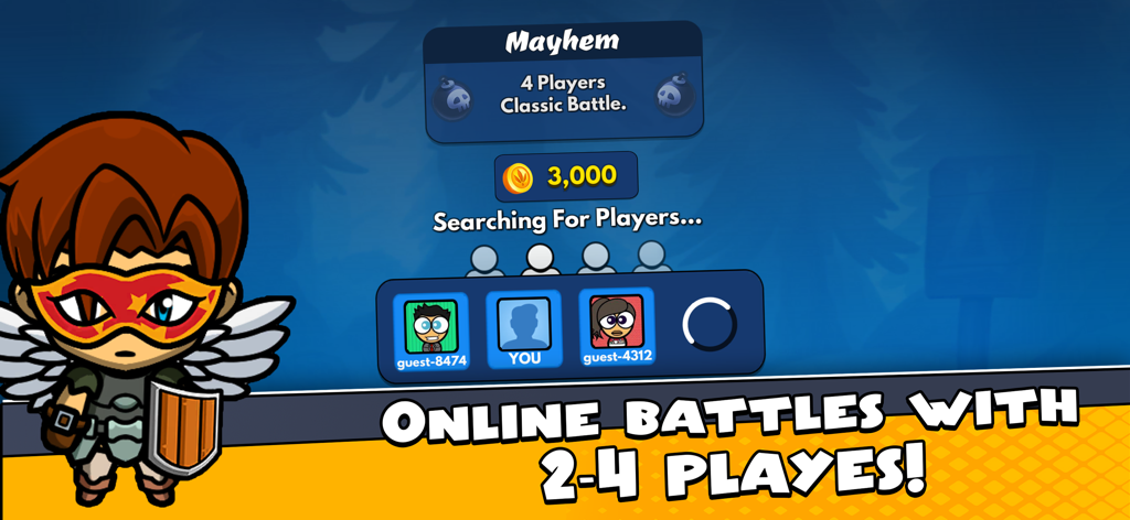 Bomb Man - Battles - Online matchmaking screen for Bomb Man Battles showing players waiting for a four player classic battle