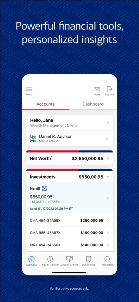 Screenshot of the MyMerrill app accounts dashboard displaying net worth and investment portfolio details for a wealth management client.