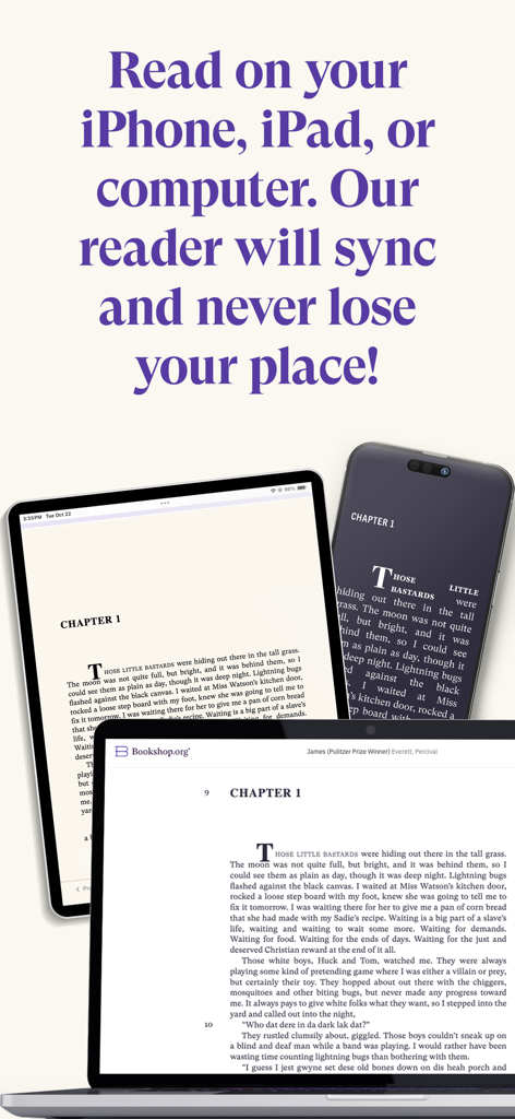 Bookshop.org Ebooks - A promotional graphic showing the Bookshop.org app syncing reading progress across an iPhone, iPad, and laptop computer.
