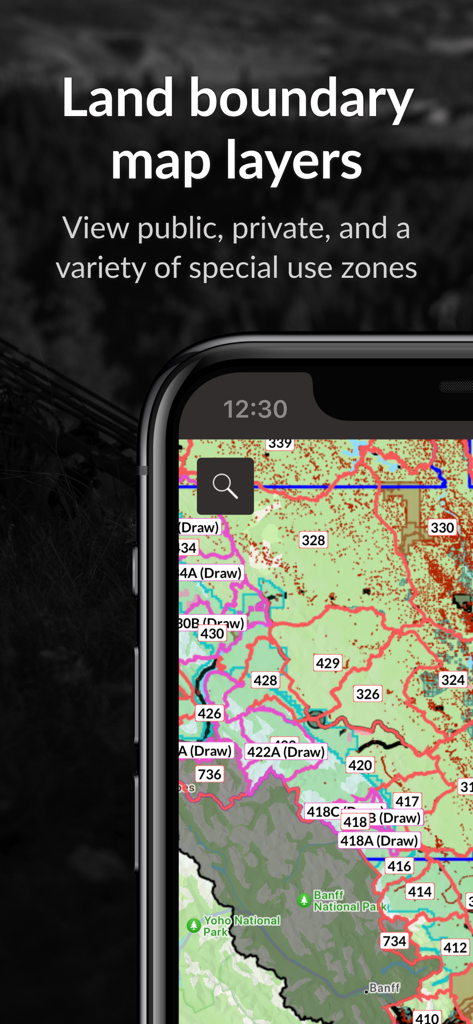 iHunter app displaying land boundary map layers with public and private zones