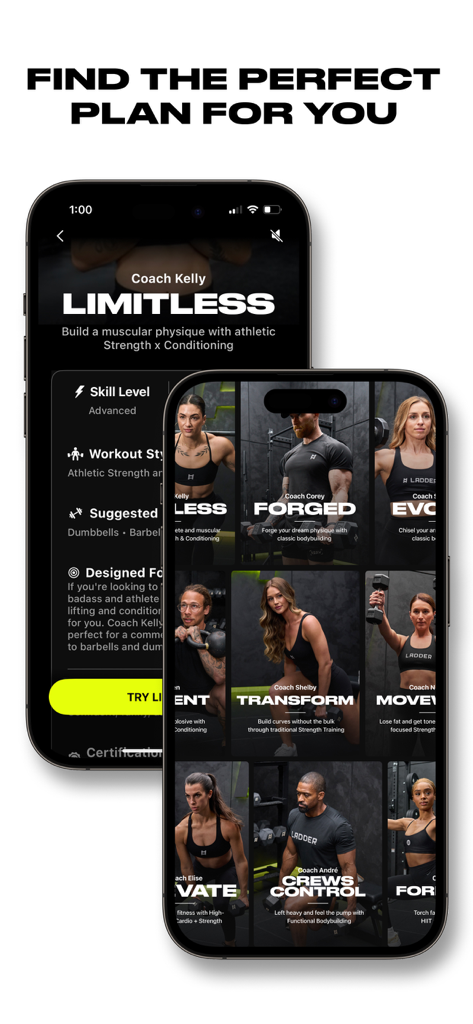 Ladder app display showing a variety of expert led strength training plans