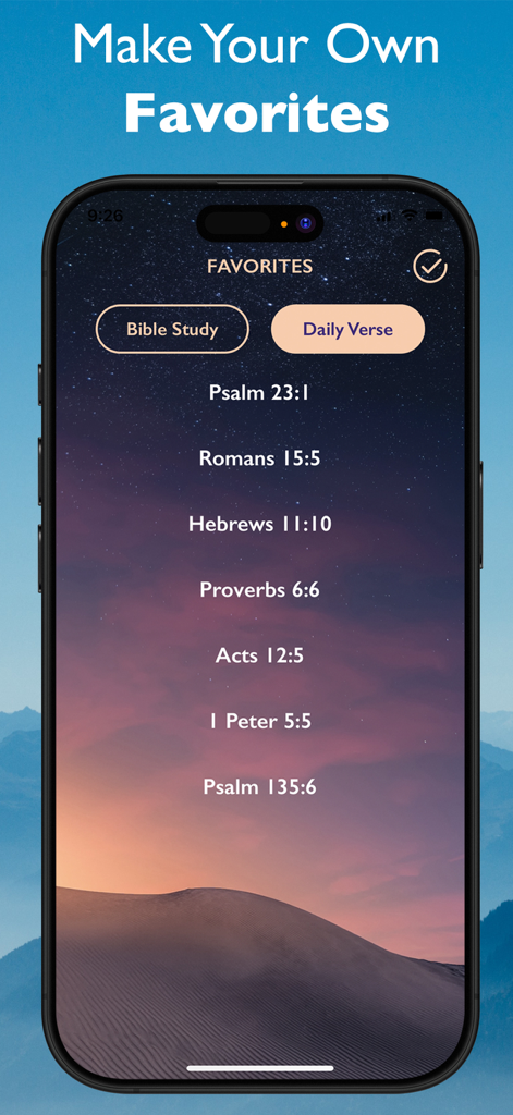 A screenshot of the Sprinkle of Jesus app showing a list of favorite Bible verses against a starry sky background