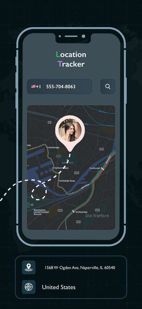 Interface de aplicativo móvel exibindo o resultado de uma pesquisa de número de telefone com um pino de localização e endereço detalhado em um mapa