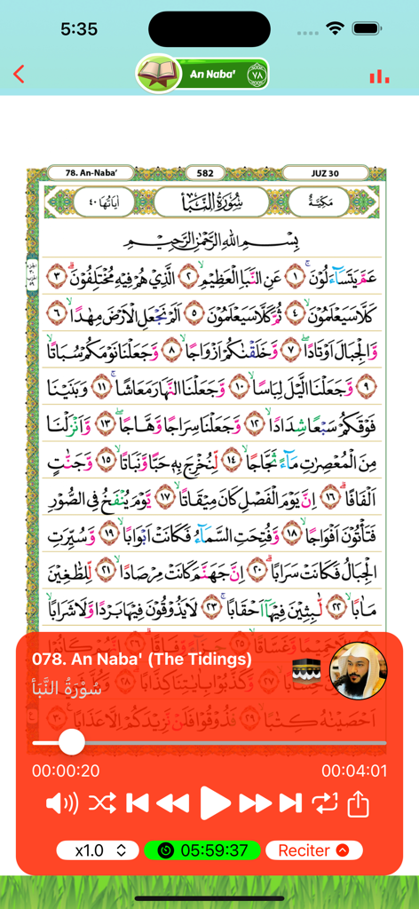 Hafalan Juz Amma Lengkap - Mobile app screen displaying Surah An-Naba with color-coded tajweed and an audio player