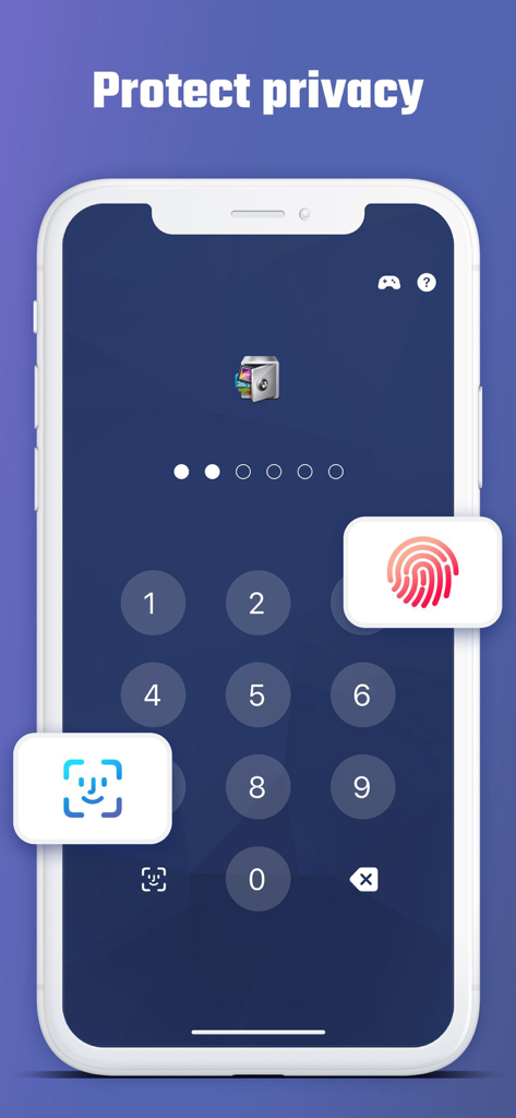 AppLock - photo lock - Schermata di blocco della privacy di AppLock che mostra l'inserimento del codice di accesso e le opzioni di sicurezza biometrica