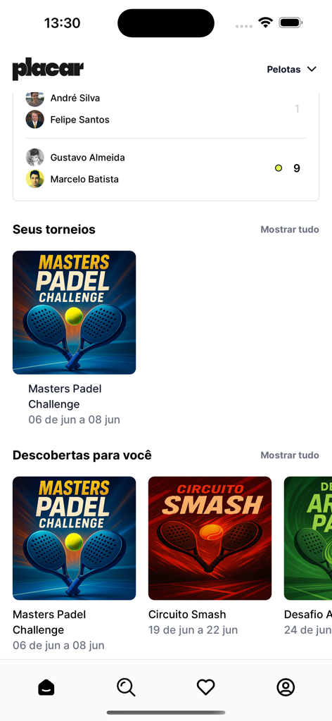 Placar.app - Tela inicial do Placar.app exibindo placares de partidas ao vivo e listas de torneios de padel.