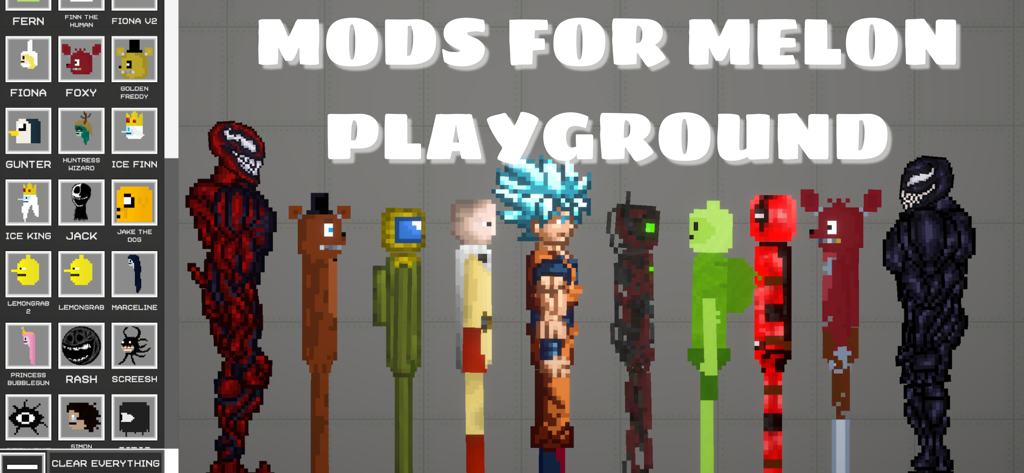 A variety of pixelated character skins for Melon Playground mods including Goku and Venom