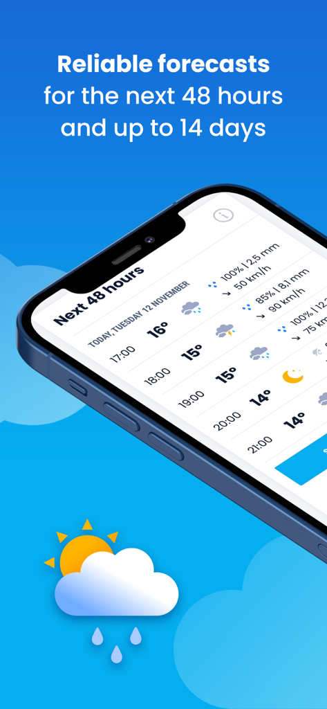 Weather&Rain: Maps & Widget - iPhone screen displaying an hourly weather forecast with temperature and rain probability data