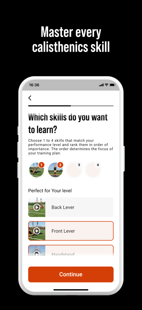 DIE RINGE Calisthenics Workout - Écran mobile pour sélectionner les figures de calisthenics à apprendre dans l'application DIE RINGE